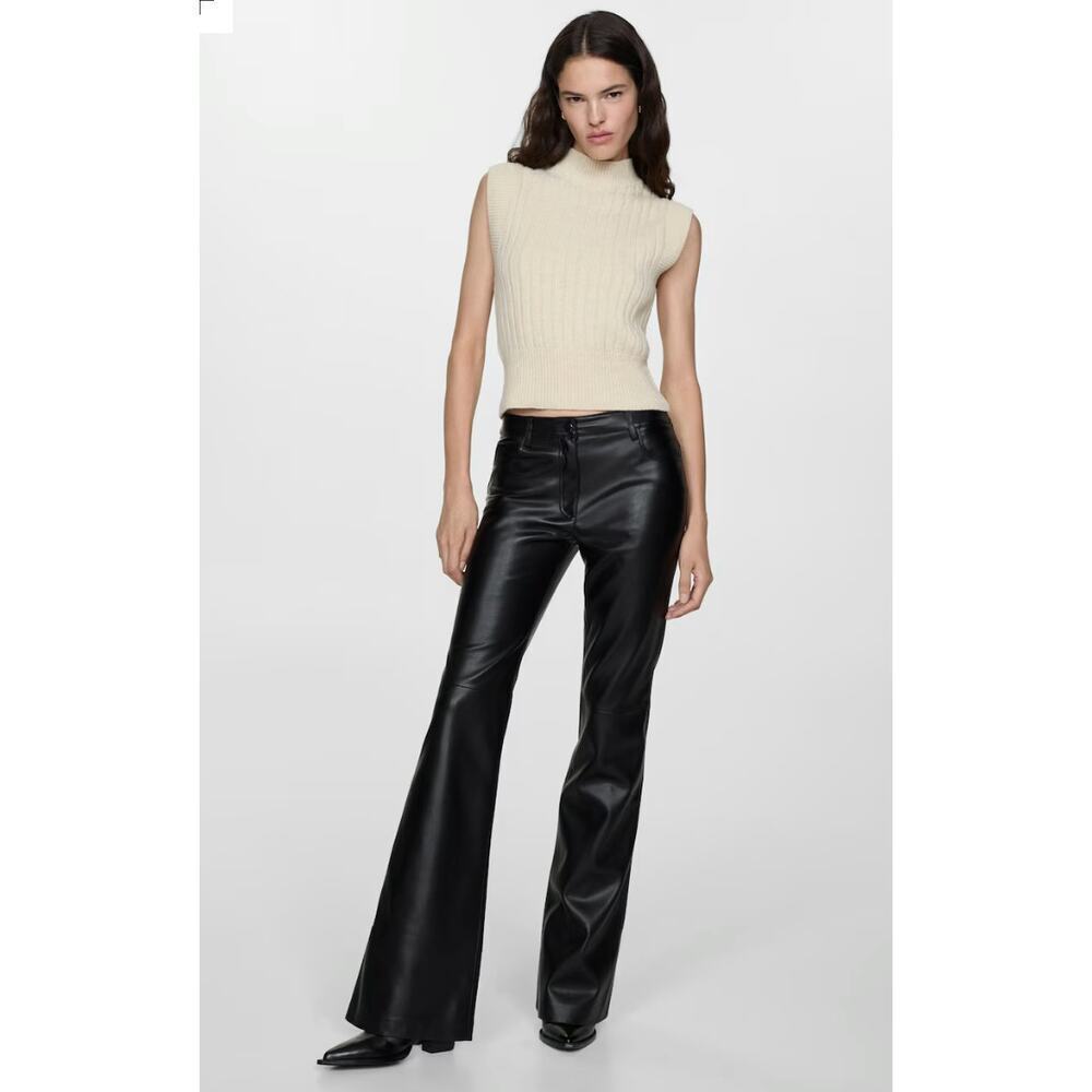 Mango Black Faux Leather Flared Trousers Sz 4 - Picture 3 of 15